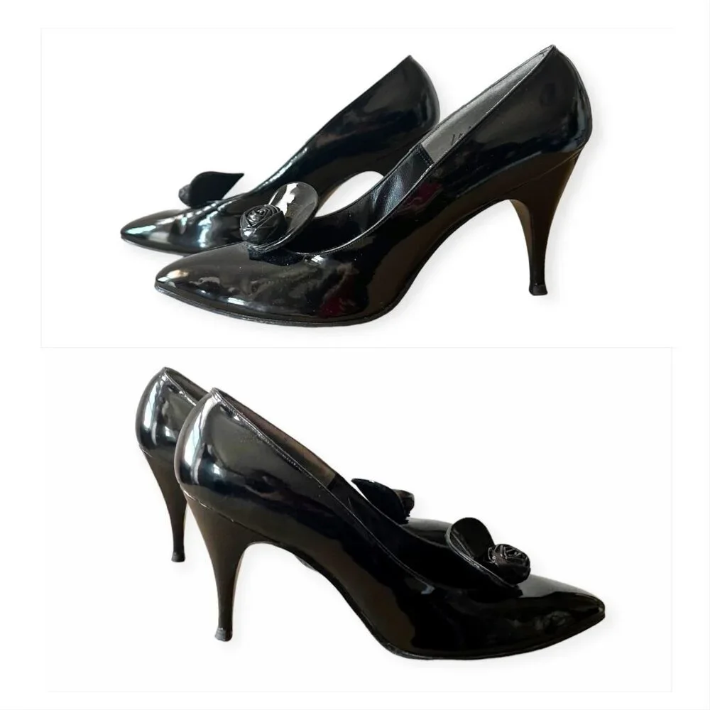 Vintage Herbert Levine Black Patent Pumps Rosette Detail 1950s -1960s Size 6 AAA